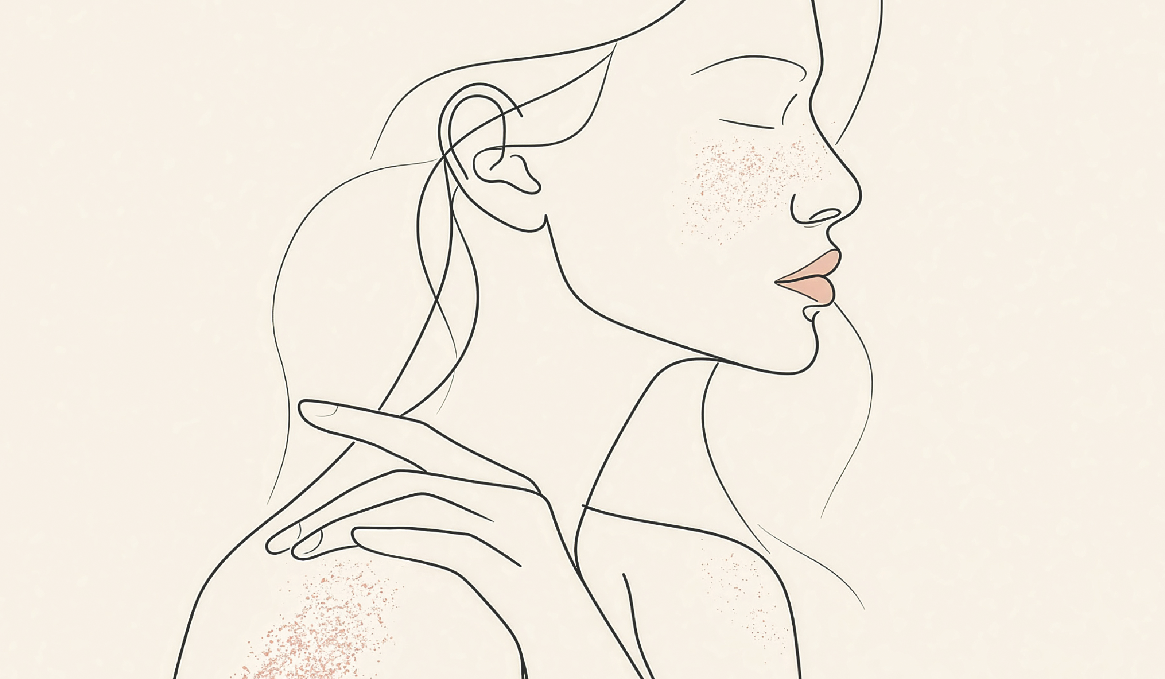 Line illustration of a woman in profile with her eyes closed, one hand on her shoulder, with pink speckles on her cheek and shoulder.