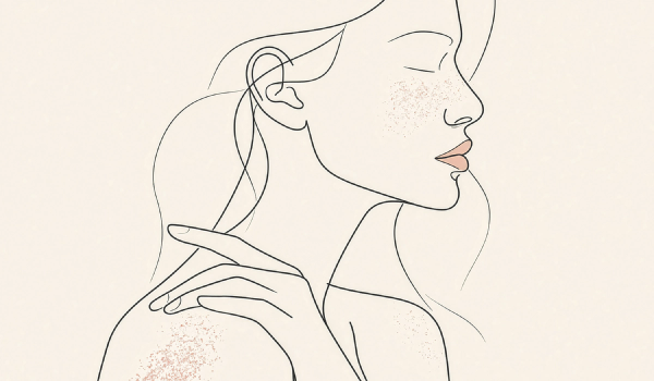 Line illustration of a woman in profile with her eyes closed, one hand on her shoulder, with pink speckles on her cheek and shoulder.