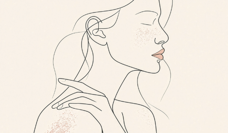 Line illustration of a woman in profile with her eyes closed, one hand on her shoulder, with pink speckles on her cheek and shoulder.