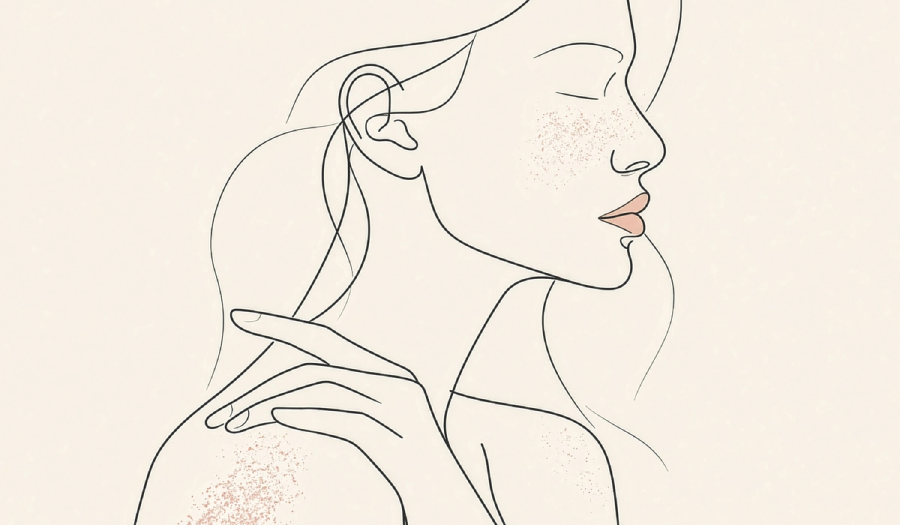 Line illustration of a woman in profile with her eyes closed, one hand on her shoulder, with pink speckles on her cheek and shoulder.