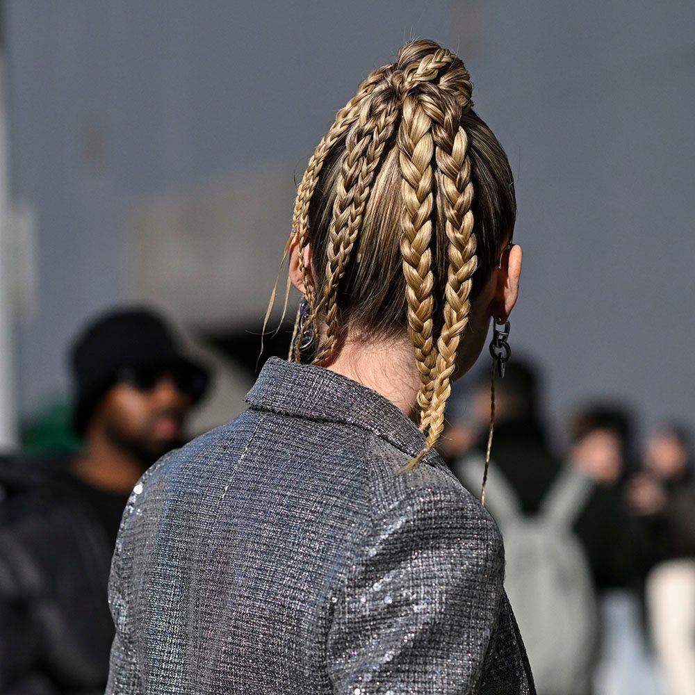 Back view of woman with a multi-braid ponytail