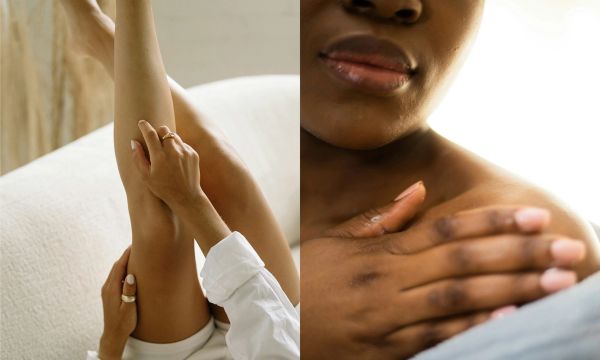 side by side images of women rubbing in body oil on body