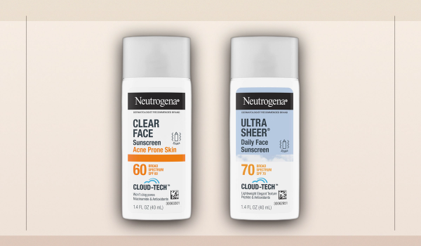 Neutrogena Clear Face Sunscreen SPF 60 and Ultra Sheer Daily Face Sunscreen SPF 70 bottles standing side by side against a warm neutral backdrop.