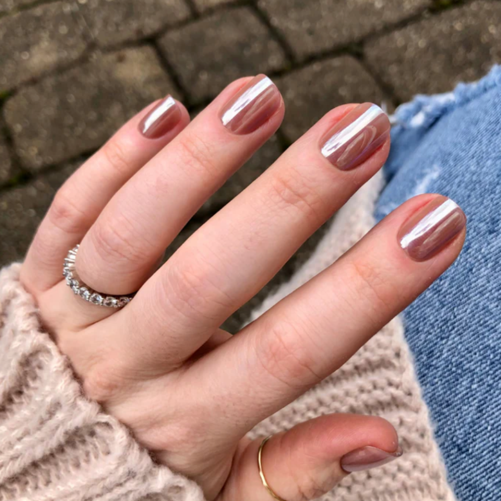 Caramel Chrome Nails by Olive & June Taupe Jelly Chrome Glue Press-Ons Extra Short | Squoval