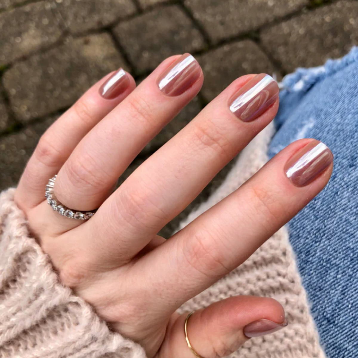 Caramel Chrome Nails by Olive & June Taupe Jelly Chrome Glue Press-Ons Extra Short | Squoval