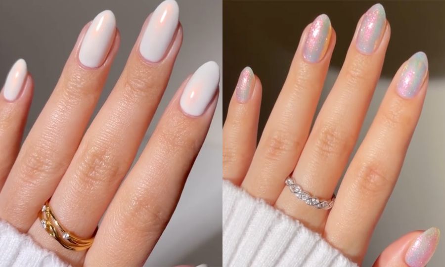 side by side images of moonstone nails