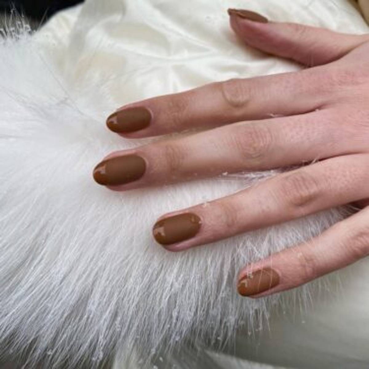 short nails with matte brown french manicure