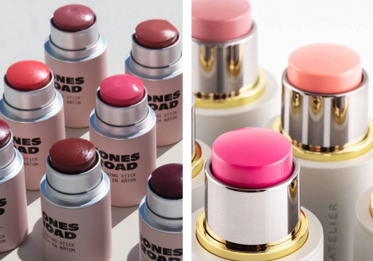 Jones Road and Westman Atelier blush sticks displayed side by side in an assortment of shades
