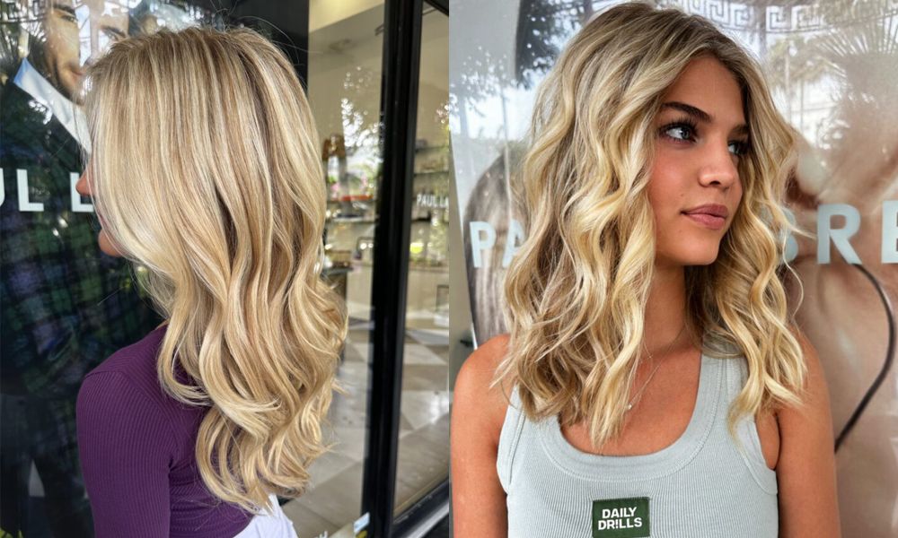 side by side images of woman with "Palm Beach Blonde" hair