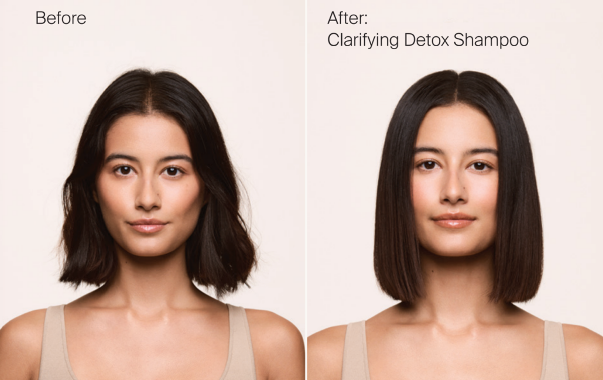 Advertising image showing the before and after of the Clarifying Detox Shampoo. 