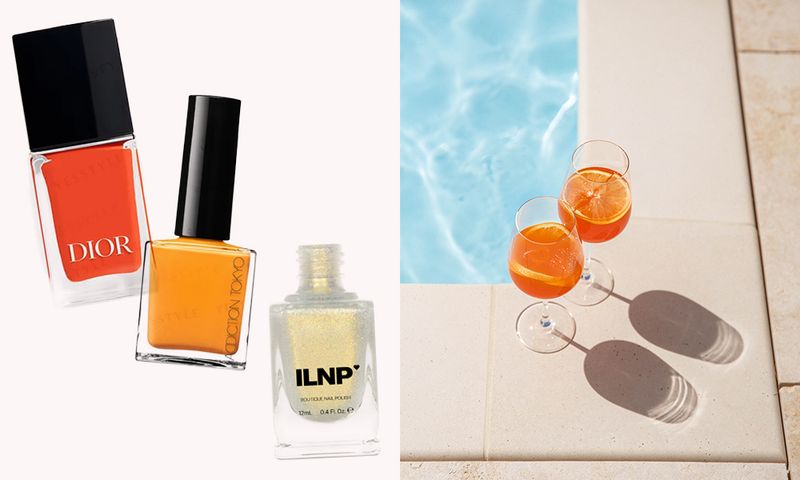Side-by-side photo of colorful nail polishes next to a photo of aperol spritz poolside