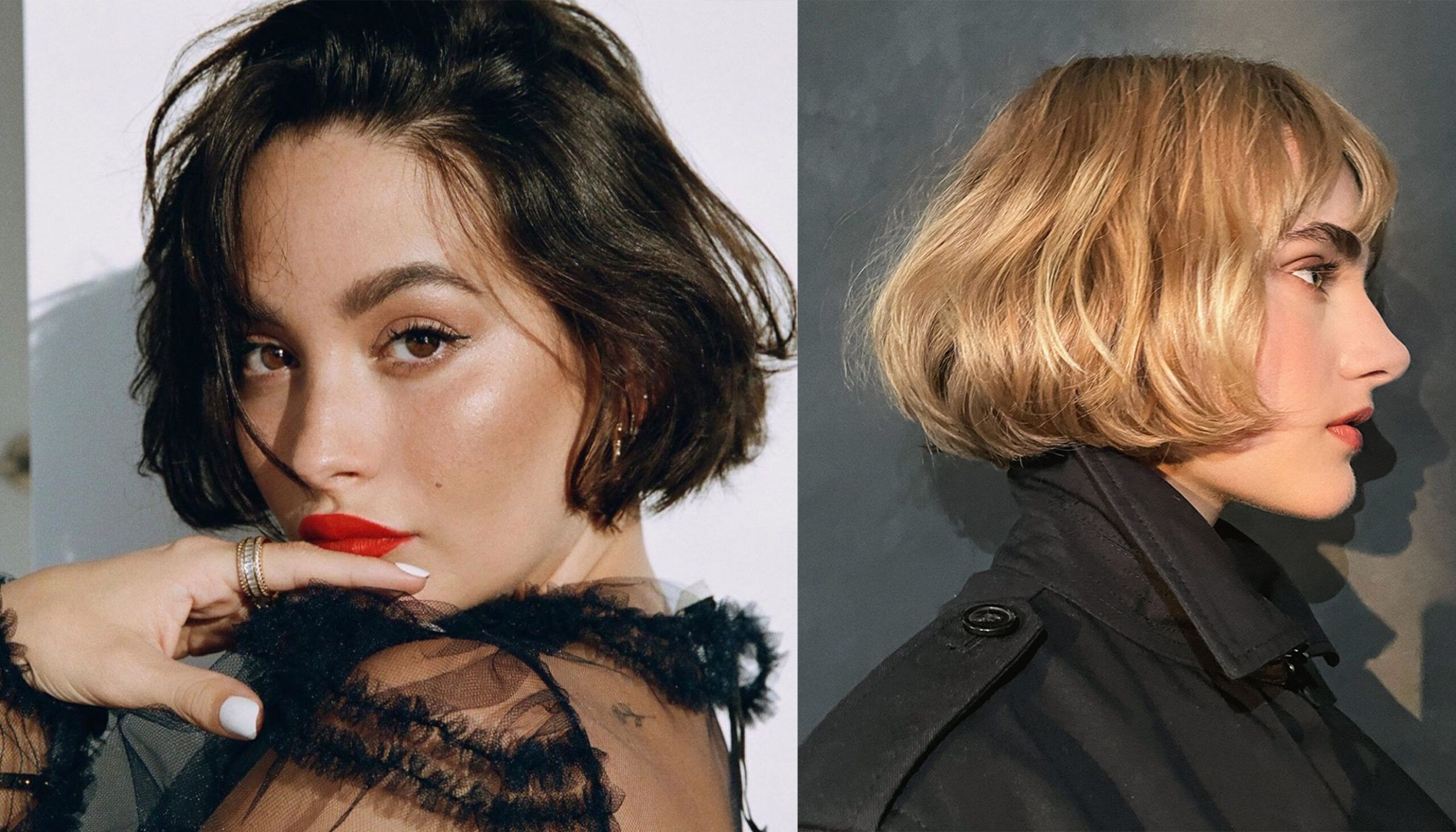 A side-by-side collage of two women with micro bobs; on the right, a side profile of a woman with a bob and her had touching her chin; on the left, a side profile of a woman with bob wearing a trench coat