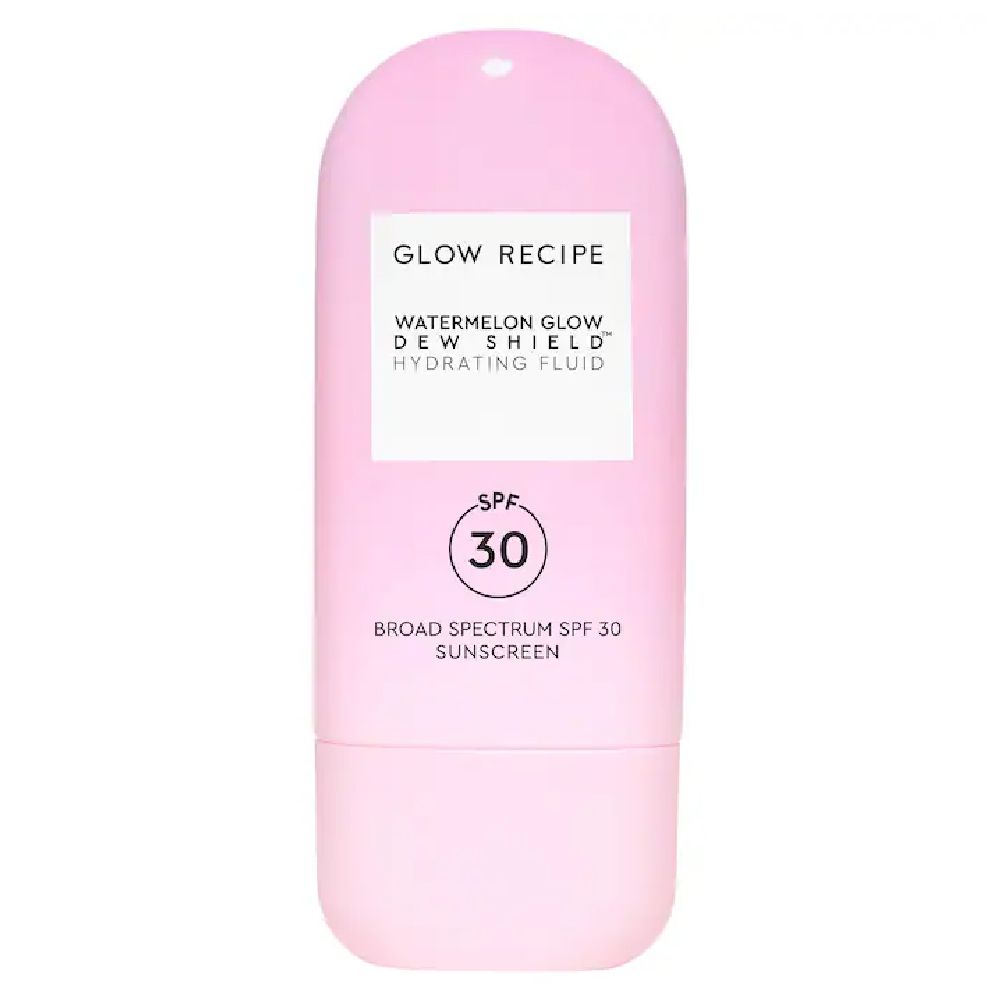 Glow Recipe Watermelon Glow Dew Shield Hydrating Fluid SPF 30 in a pink bottle, labeled broad-spectrum sunscreen