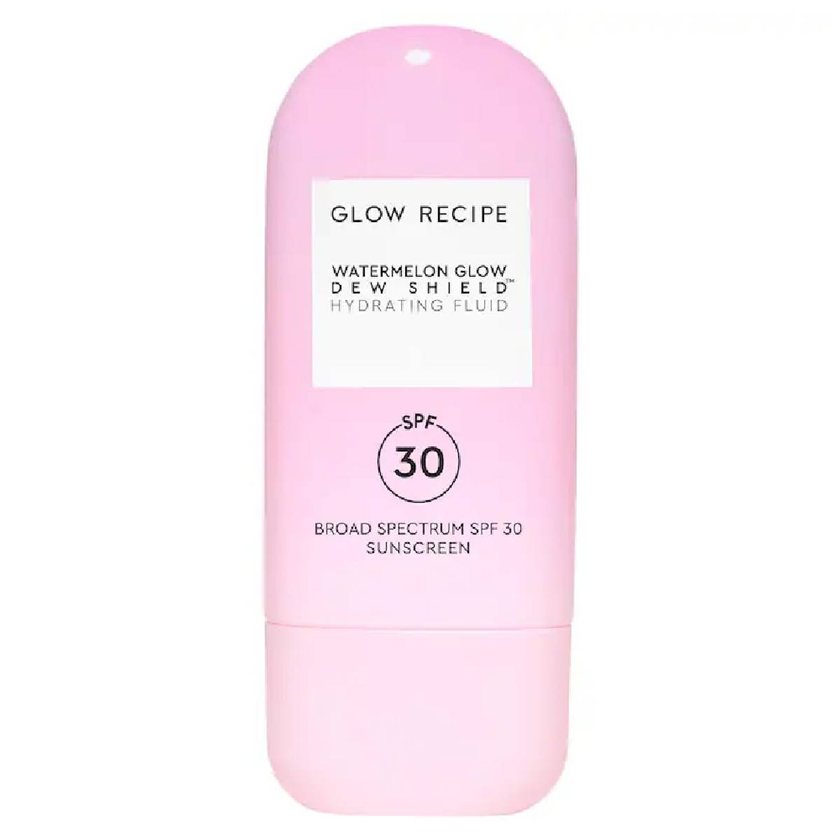 Glow Recipe Watermelon Glow Dew Shield Hydrating Fluid SPF 30 in a pink bottle, labeled broad-spectrum sunscreen