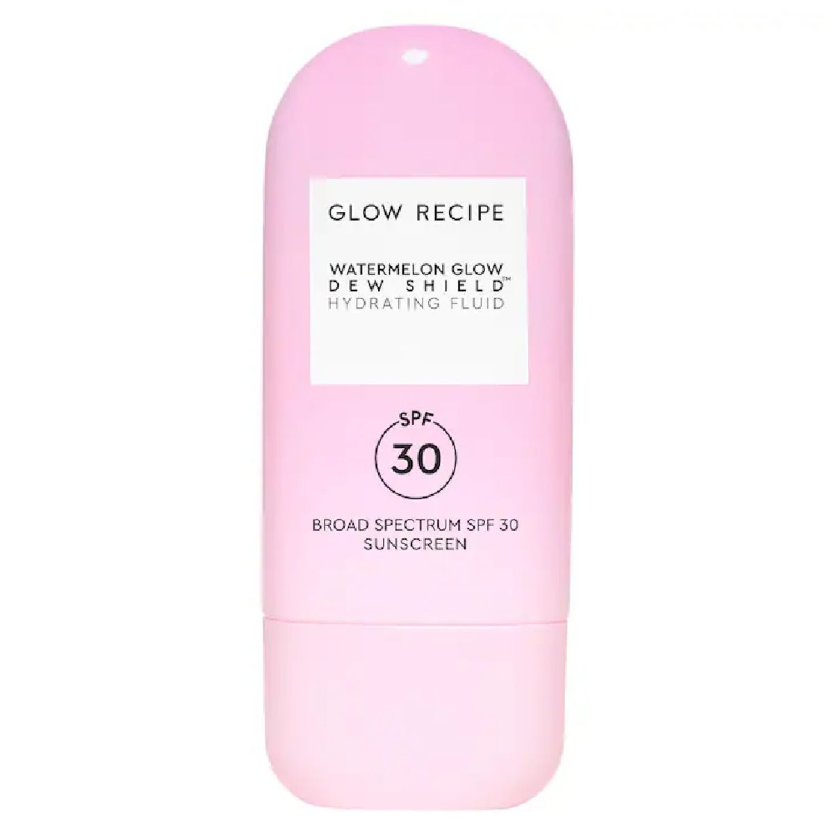 Glow Recipe Watermelon Glow Dew Shield Hydrating Fluid SPF 30 in a pink bottle, labeled broad-spectrum sunscreen