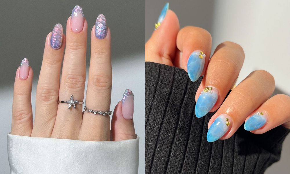 side by side images of seashell nail manicures