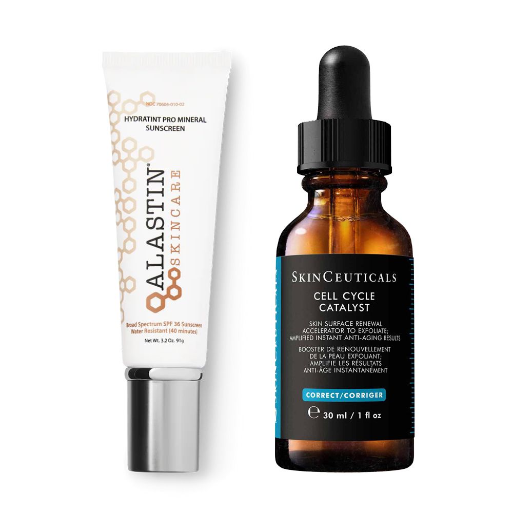 Alastin HydraTint Pro Mineral Broad Spectrum Sunscreen SPF 36 ($76) and SkinCeuticals Cell Cycle Catalyst ($115)