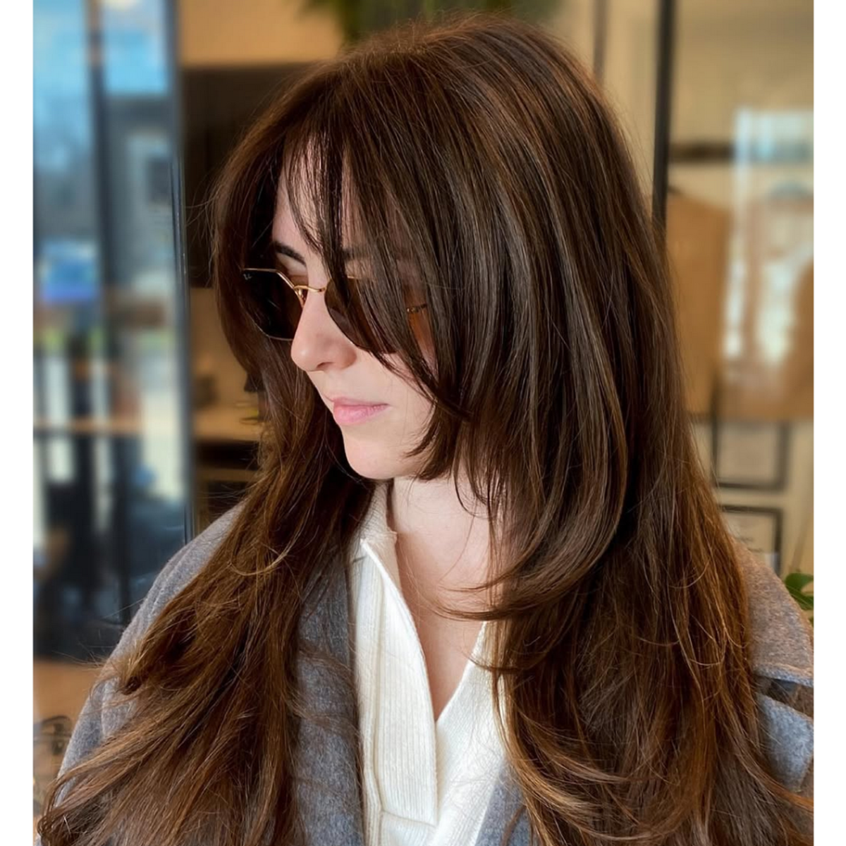 woman with polished shag haircut