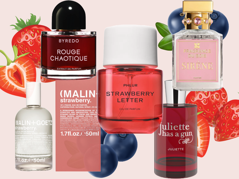 A collage of berry fragrances with strawberries and blueberries in the background