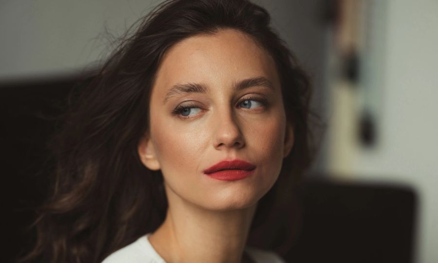 woman face portrait with red lipstick