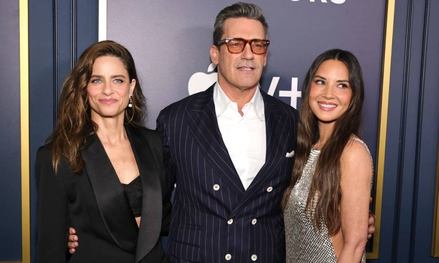 Amanda Peet, Jon Hamm and Olivia Munn attend Apple TV+'s "Your Friends &amp; Neighbors" New York Premiere at DGA Theater on April 08, 2025 in New York City.