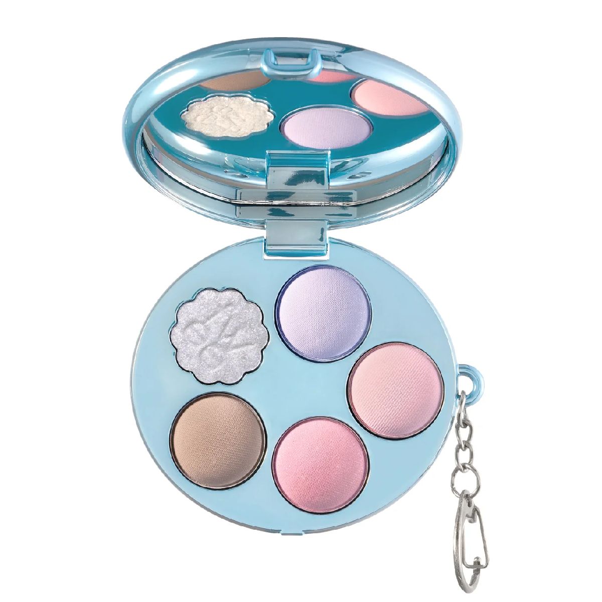 fwee pocket eyeshadow palette with pastel shades and keychain attachment, a compact makeup bag charm for on-the-go touch-ups
