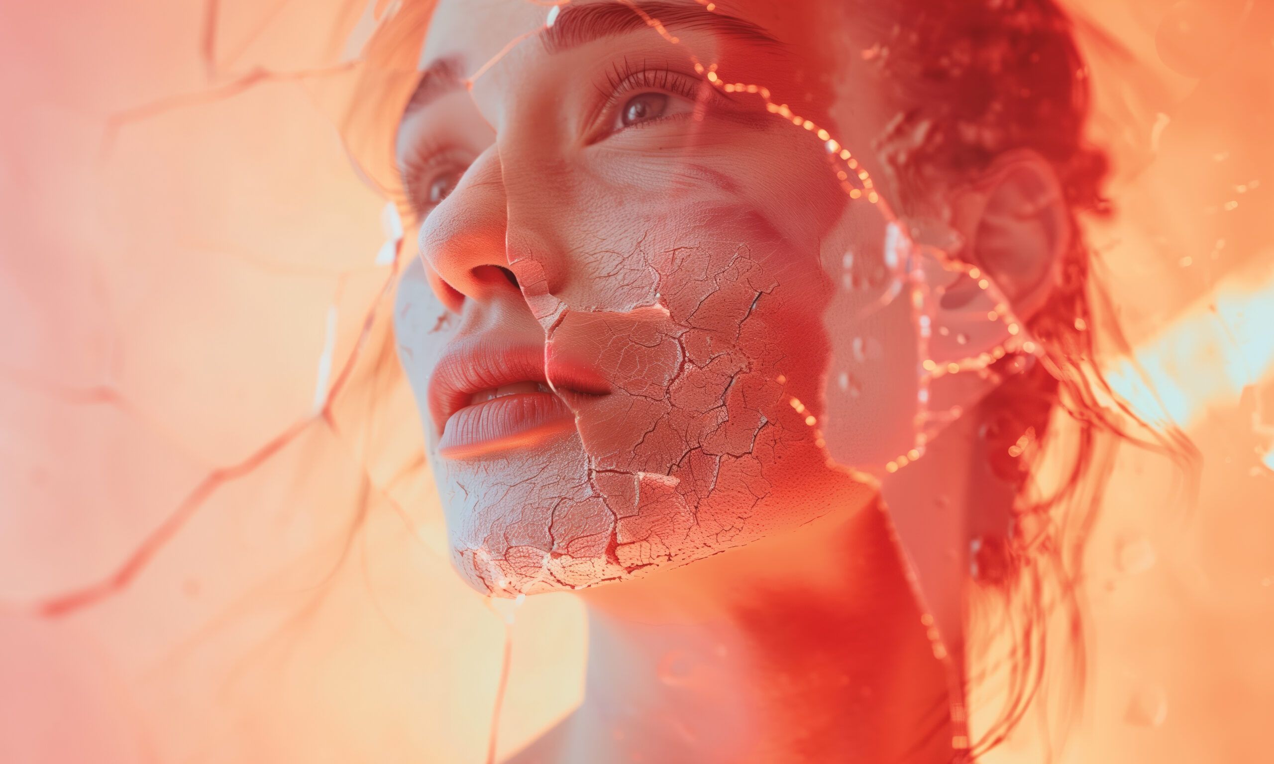 AI PROMPT (ALL): ARTISTIC CLOSE-UP OF AN INTROSPECTIVE WOMAN WITH HYPERSENSITIVE, PORCELAIN-LIKE SKIN CRACKED LIKE PEELING PAINT AGAINST A GLOWING PEACH-ORANGE BACKGROUND, SYMBOLIZING FRAGILITY AND VULNERABILITY IN A CINEMATIC EDITORIAL STYLE