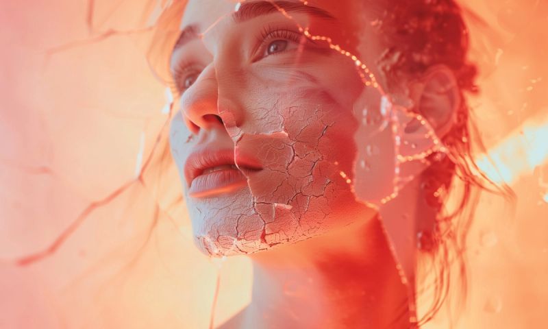 AI PROMPT (ALL): ARTISTIC CLOSE-UP OF AN INTROSPECTIVE WOMAN WITH HYPERSENSITIVE, PORCELAIN-LIKE SKIN CRACKED LIKE PEELING PAINT AGAINST A GLOWING PEACH-ORANGE BACKGROUND, SYMBOLIZING FRAGILITY AND VULNERABILITY IN A CINEMATIC EDITORIAL STYLE