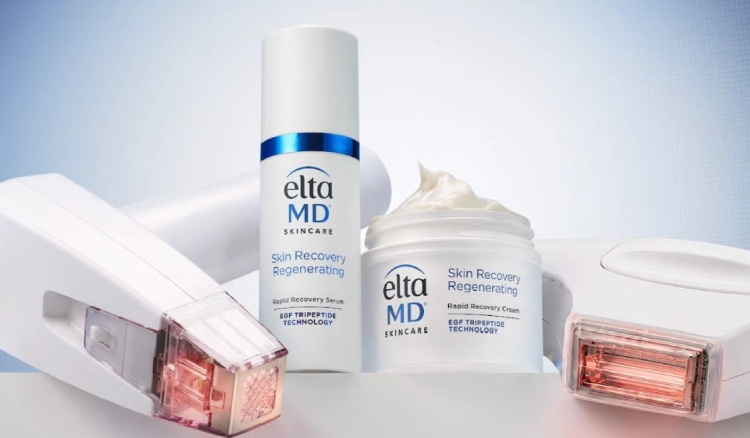 EltaMD Skin Recovery Regenerating Rapid Recovery Serum bottle and open Rapid Recovery Cream jar, both labeled “EGF Tripeptide Technology,” displayed between two white aesthetic treatment devices against a light blue background.