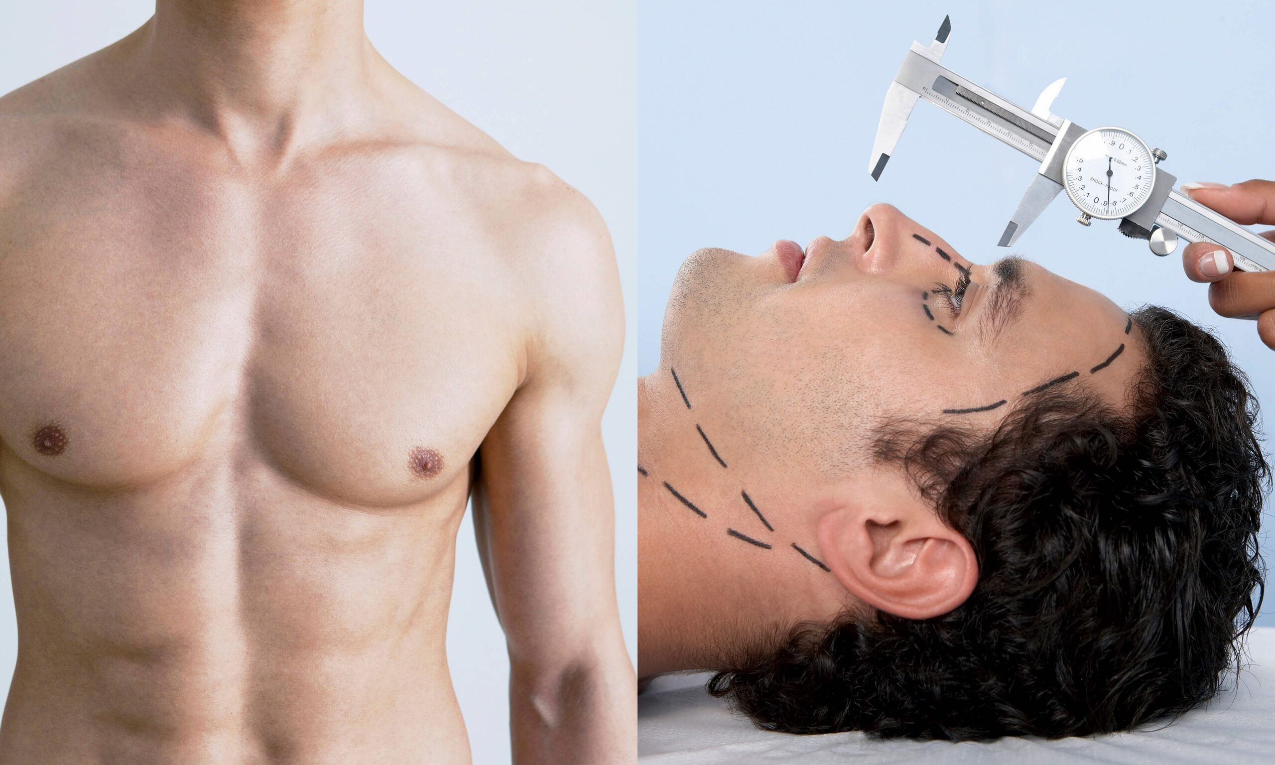 side by side images of a man's chest and a man's face getting a cosmetic treatment