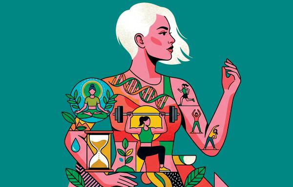 Illustration of a woman surrounded by symbols of longevity and wellness, including strength training, yoga, running, hydration, nutrition, time and genetics.