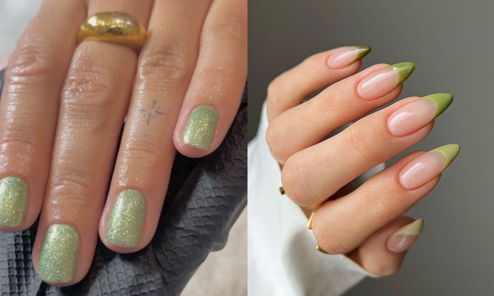Two photos of manicured hands with green nail polish