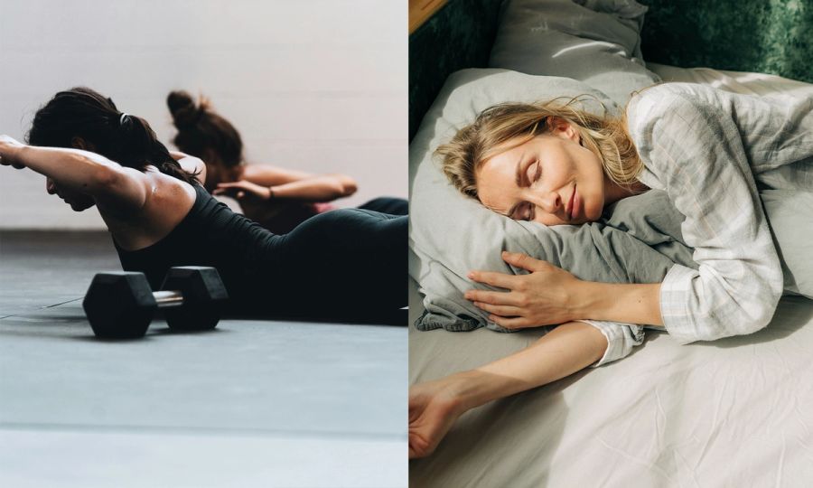 woman weight lifting and woman sleeping