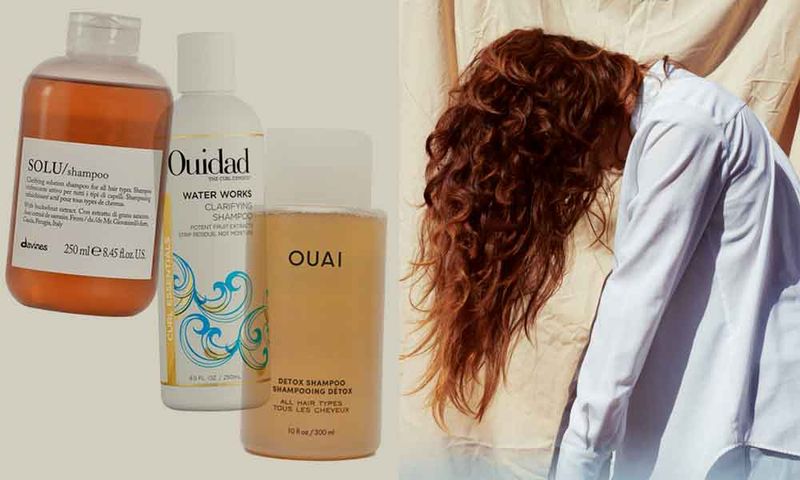 side by side images of shampoo products and woman with curly hair over her head