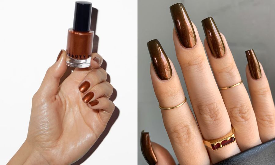 side by side images of manicures with brown chrome nail polish