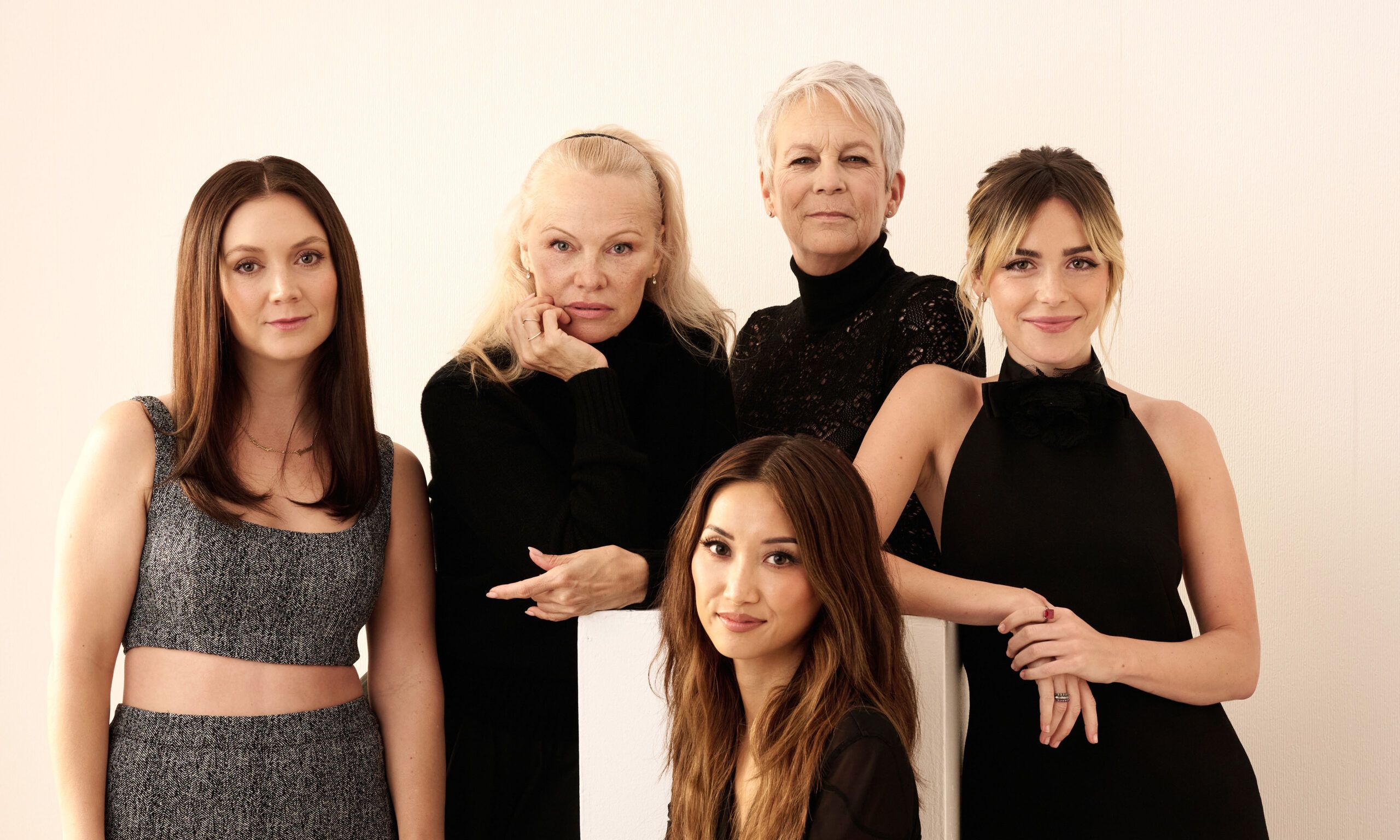 Billie Lourd, Kiernan Shipka, Pamela Anderson, Brenda Song and Jamie Lee Curtis of 'The Last Showgirl' pose in the Getty Images Portrait Studio Presented by IMDb and IMDbPro during the Toronto International Film Festival at InterContinental Toronto Centre on September 06, 2024 in Toronto, Ontario.