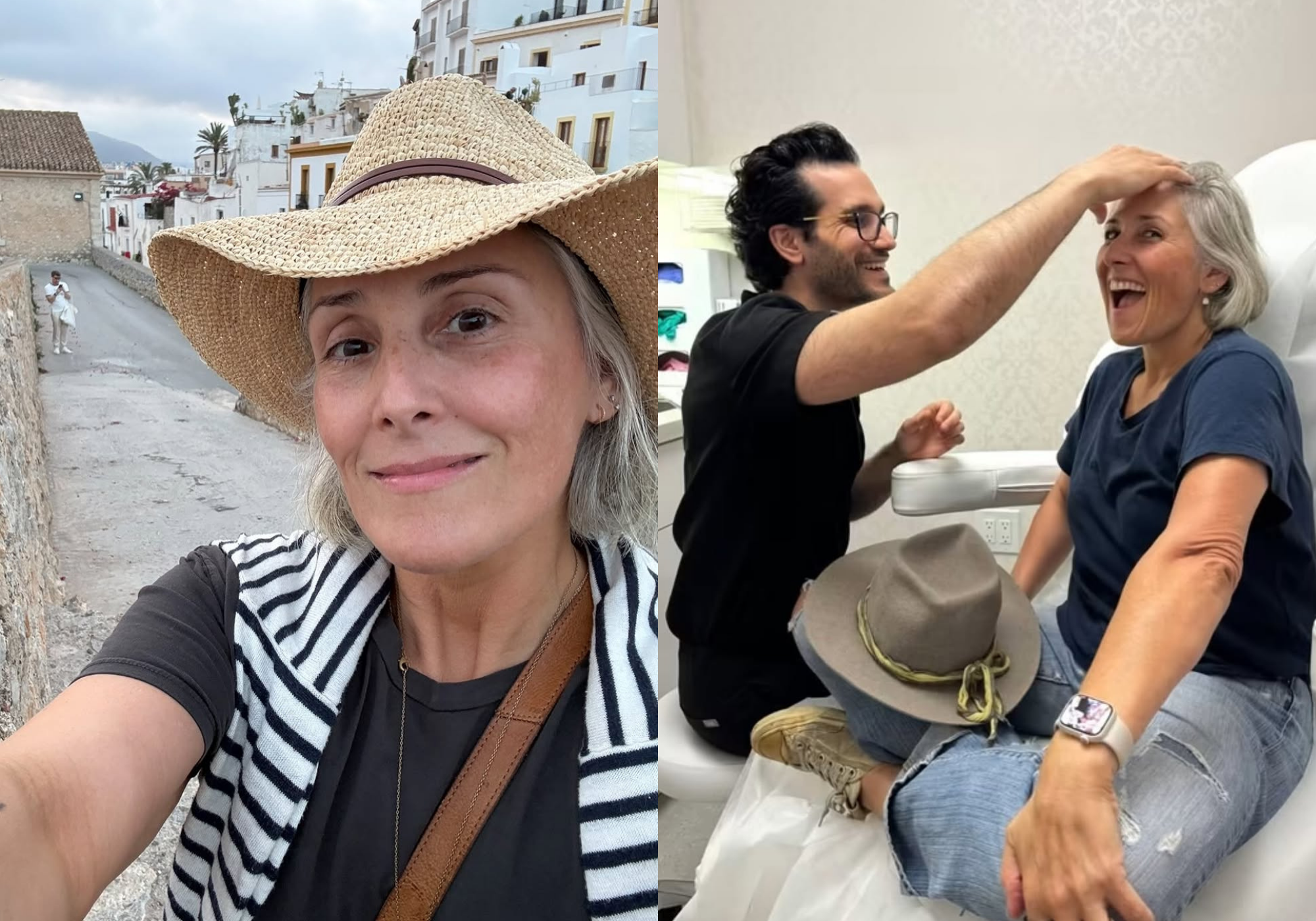 Split image of Ricki Lake: on the left, a makeup-free selfie two years after her facelift; on the right, Lake smiling with her plastic surgeon, Dr. Allen Foulad, in his office.