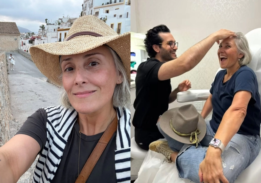Split image of Ricki Lake: on the left, a makeup-free selfie two years after her facelift; on the right, Lake smiling with her plastic surgeon, Dr. Allen Foulad, in his office.