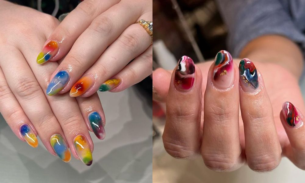 side by side images of blooming gel manicures