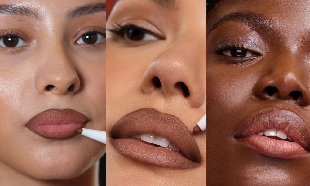 three images of women wearing dark lip liners