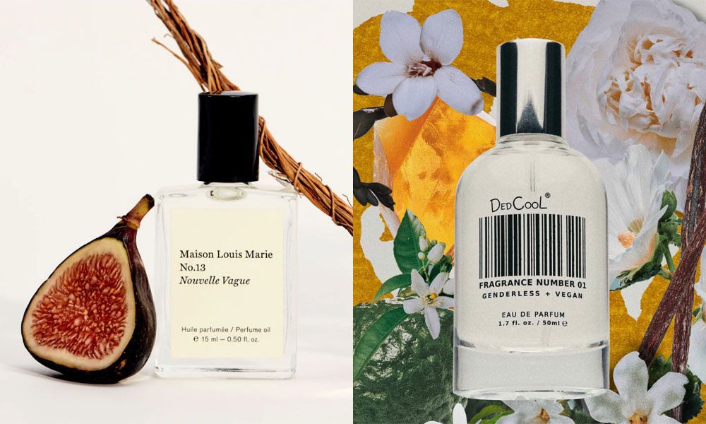 side by side images of staged perfume bottles, Maison Louis Marie No 13 and DedCool Fragrance Number 01