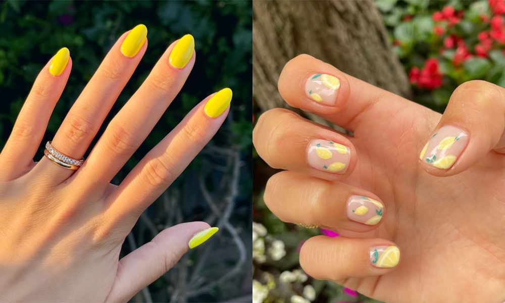 side by side images of hands with yellow nail polish and lemon nail art