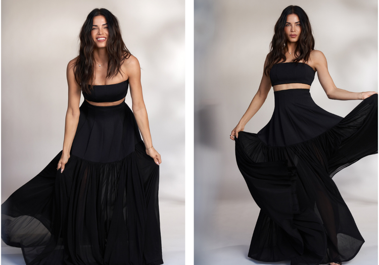 NewBeauty’s May digital cover star, Jenna Dewan, poses in a flowing black SIMKHAI two-piece look across three studio portraits, smiling, adjusting her hair and holding out the skirt.