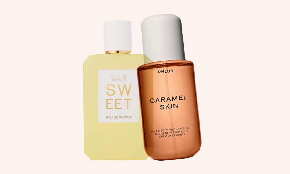 two dessert fragrance bottles on off-white background