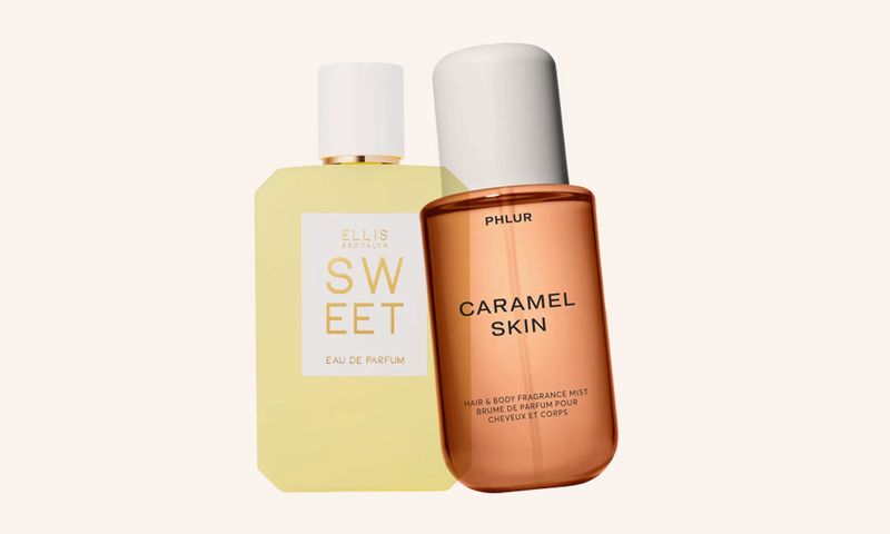 two dessert fragrance bottles on off-white background