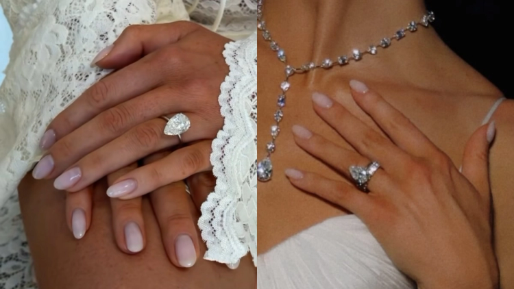Close-up collage of Brigette Pheloung's (@acquired.style) wedding manicure using Essie nail polish in Sheer Fantasy