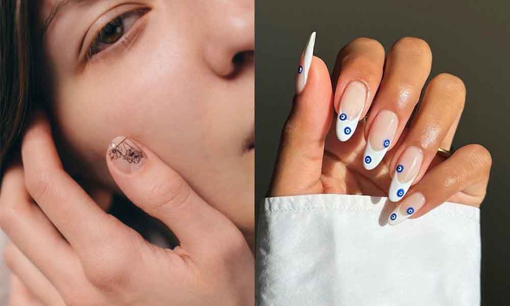 side by side of manicured hands with nail art