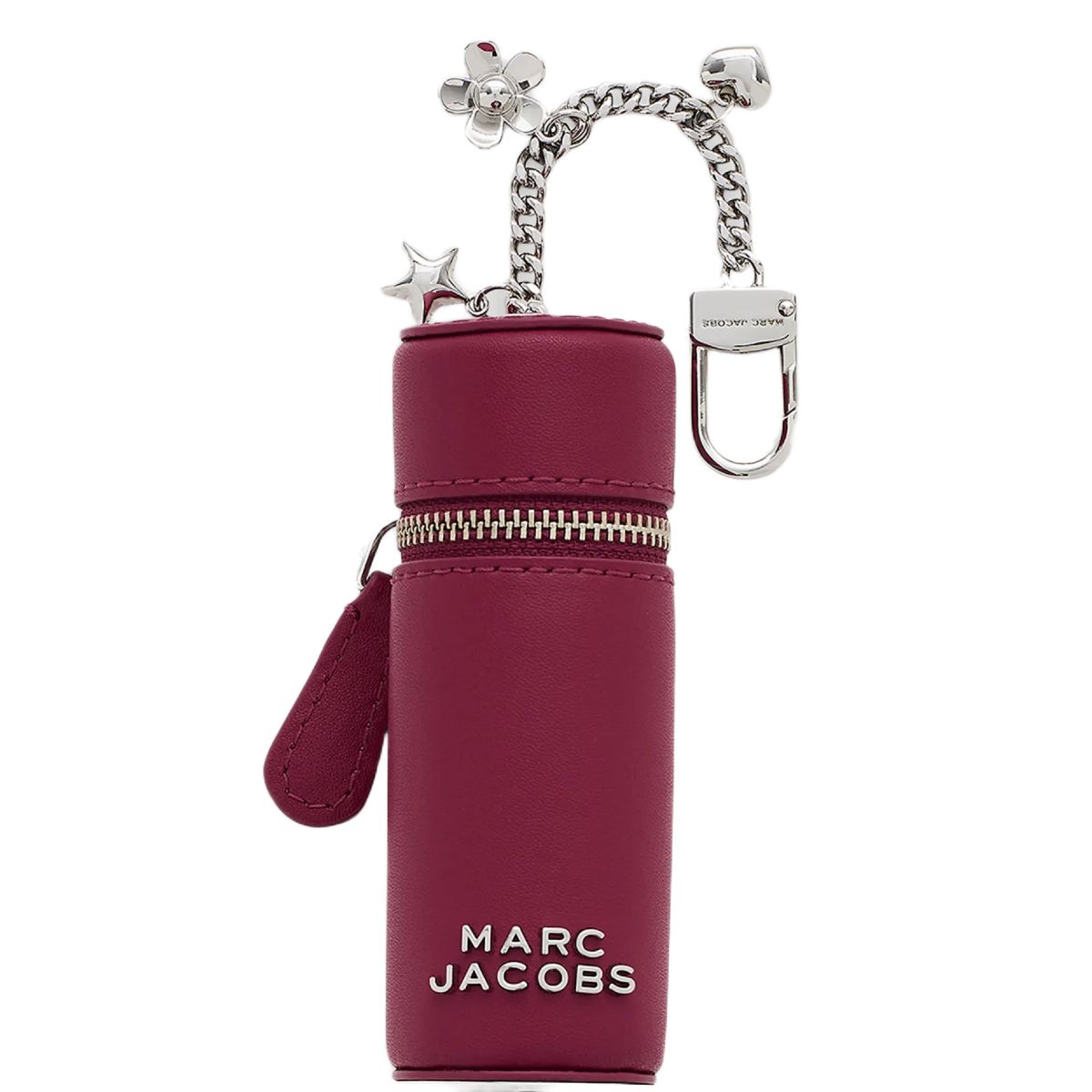 Marc Jacobs lipstick case bag charm keychain with red textured leather and gold ring, a luxury beauty keychain accessory