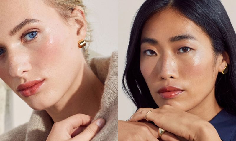 side by side images of women wearing Merit Beauty Flush Balm on their cheeks