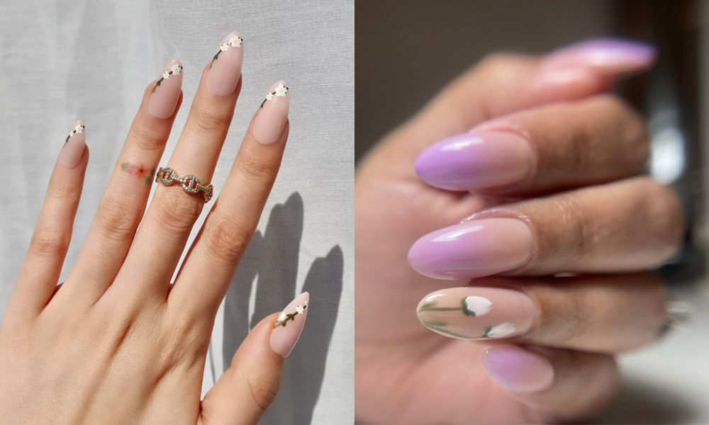 Side by side images of manicured hands with floral nail art
